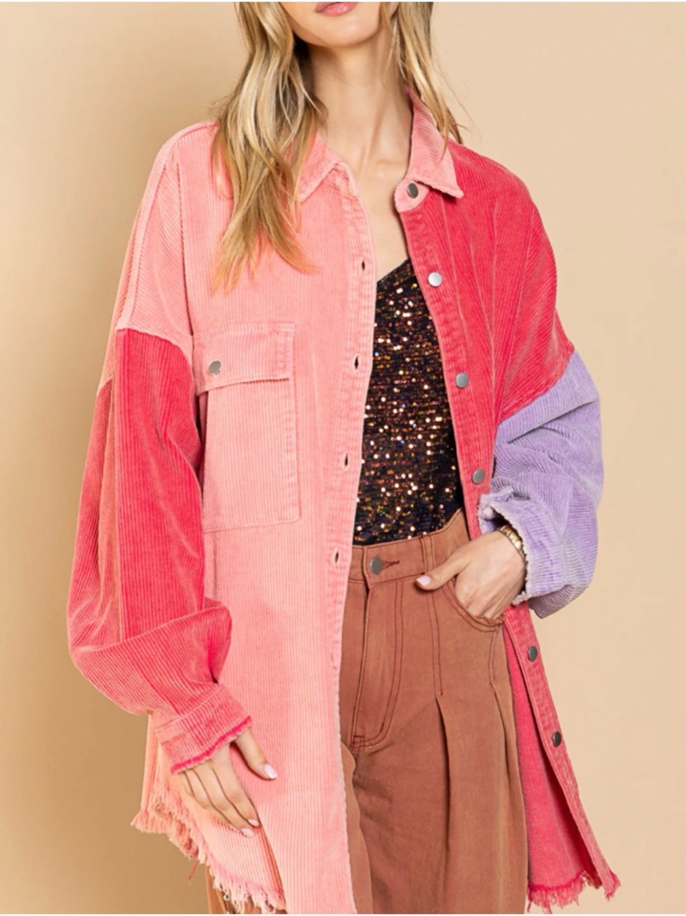 Pol Colorblock Pink & Lavender Corduroy Shacket size Large